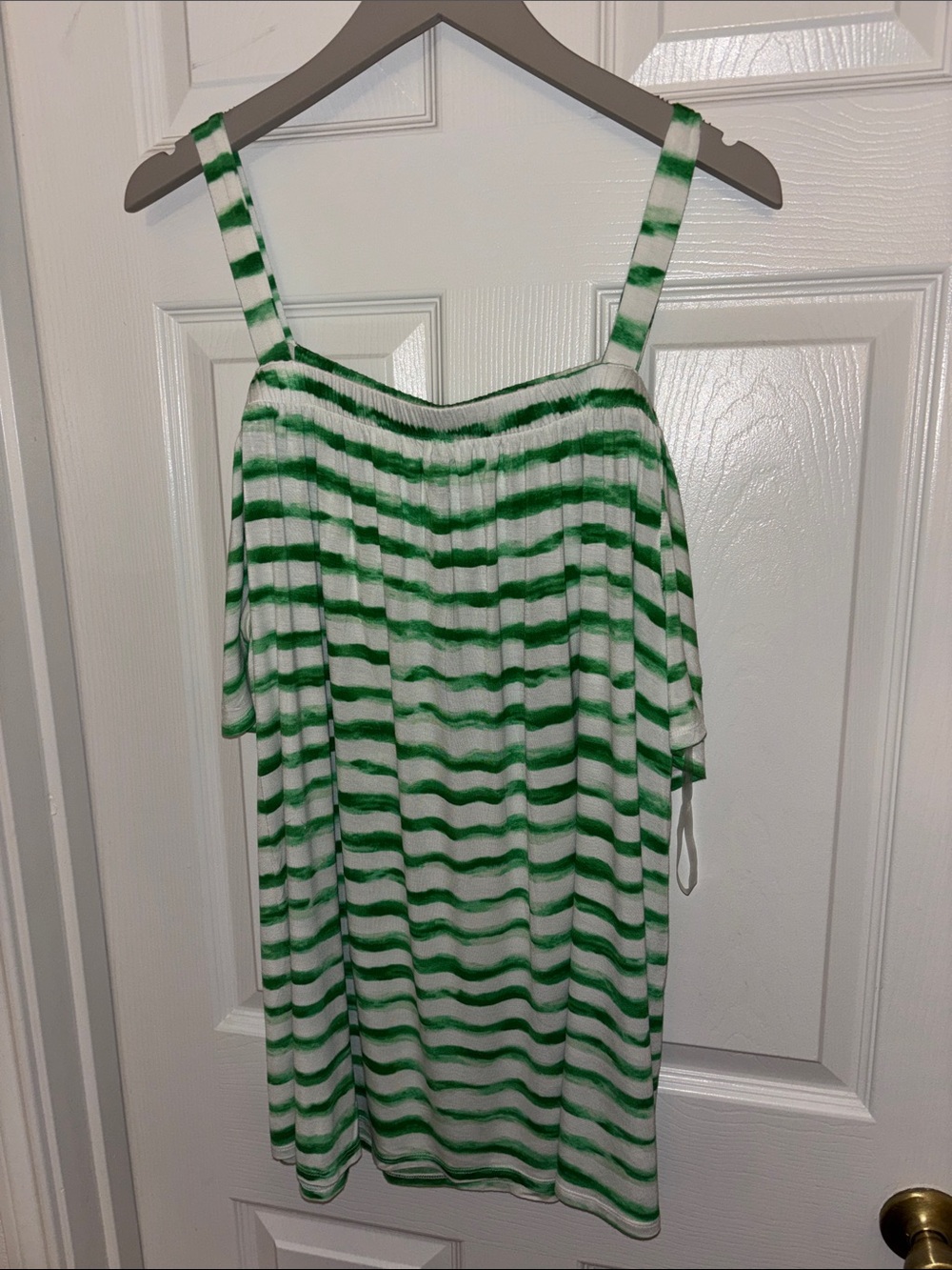 Lane Bryant Green & White Striped Cold-Shoulder Tank Top